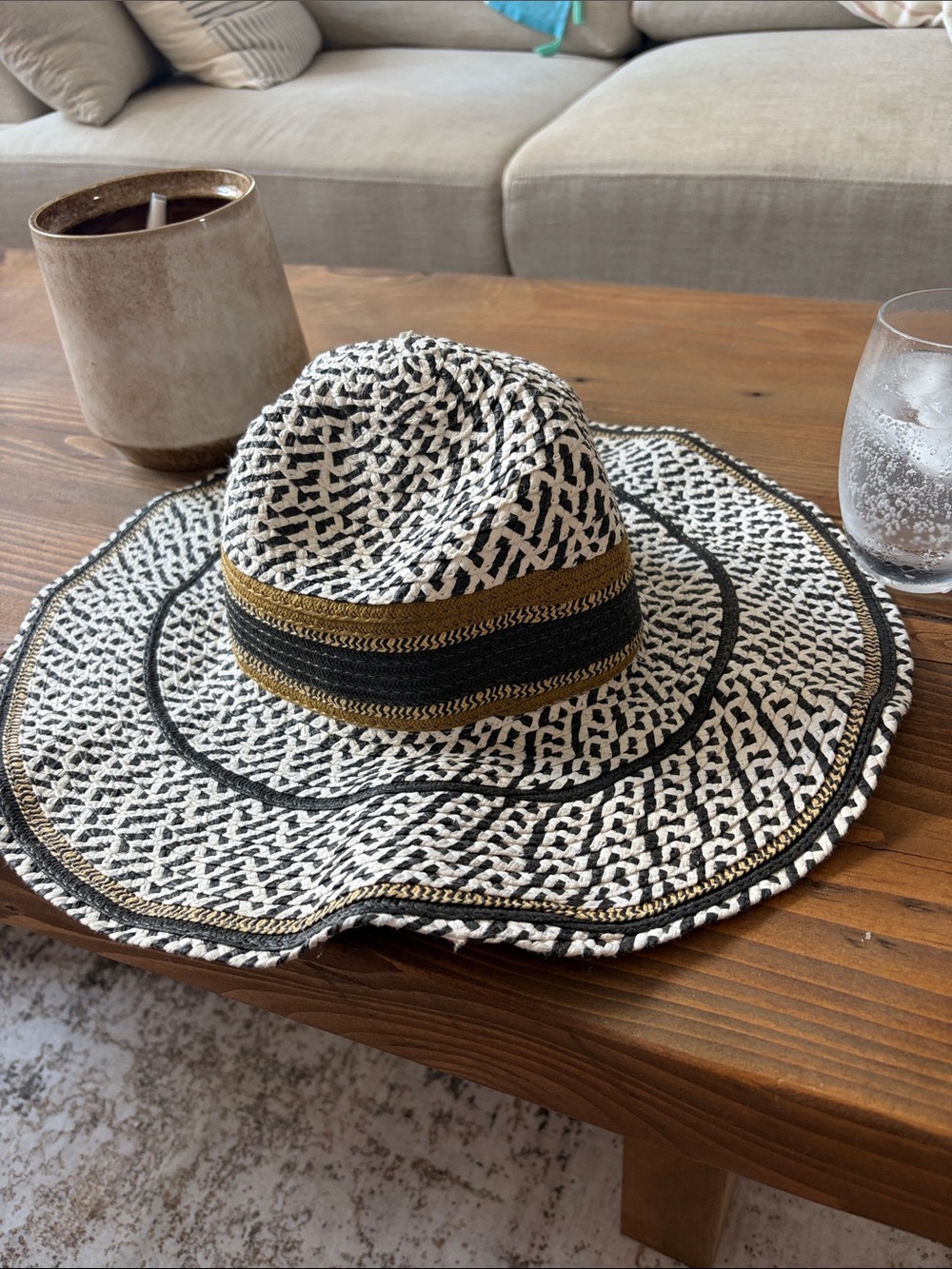 Echo Black and White Woven Sun Hat with Gold Trim